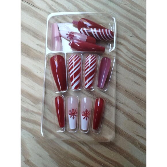 Press On Nails Full Coffin Long Red White Peppermint Striped Snowflake 24 - Picture 4 of 7